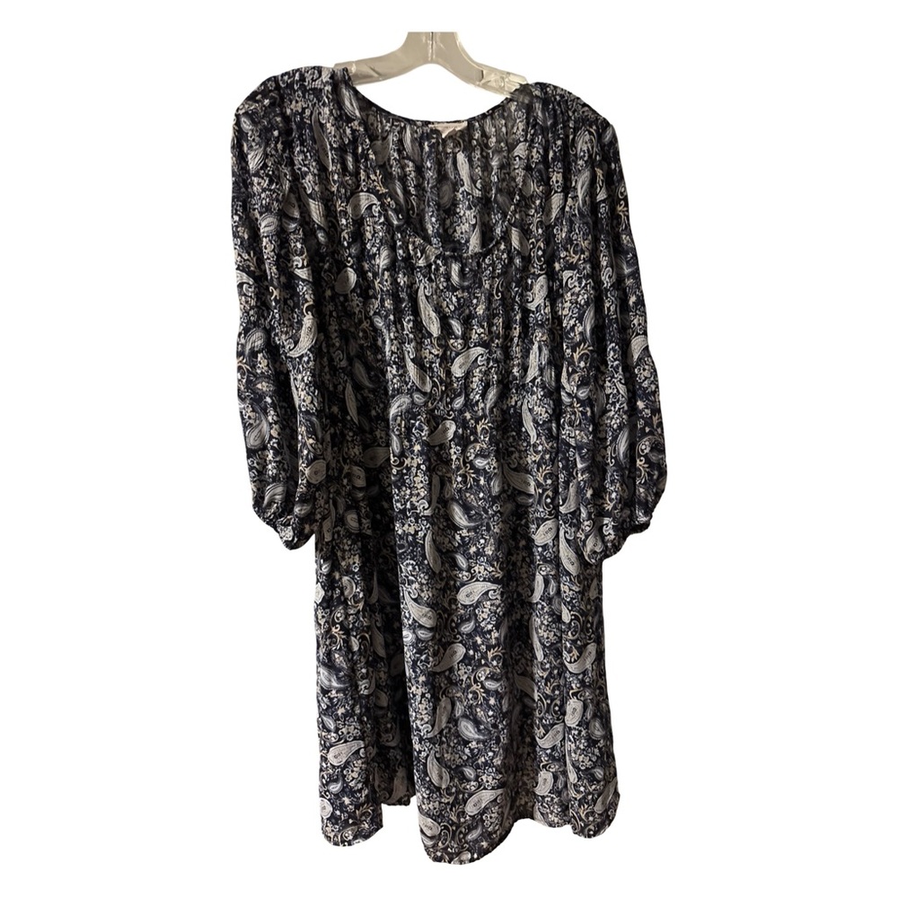 Chloe + Rene Navy & Cream Paisley Relaxed Boho 1/4 Sleeve Flowy Dress Large